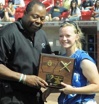 Bryant's Peyton Jenkins is presented the MVP award by Wadie Moore of the Arkansas Activities Association. (Photo by Kevin Nagle)