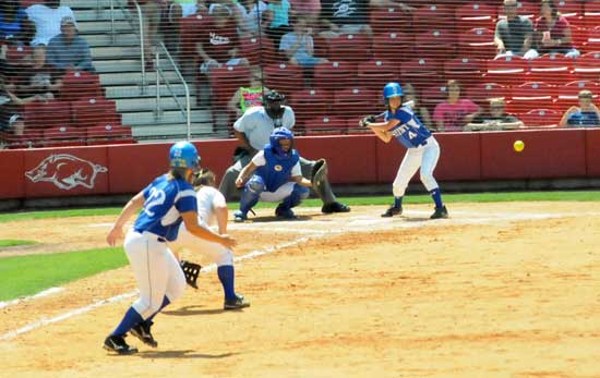 Carly Yazza awaits a pitch as teammate Kaley Coppock leads off first. (Photo by Kevin Nagle)