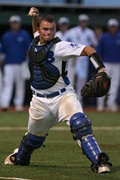 Bryant catcher Hayden Lessenberry fired to first. (Photo by Rick Nation)