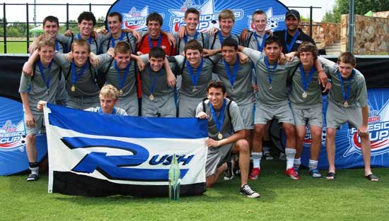 The Nike 94 Rush team includes, back from left, Sean Street (Hot Springs), Alex Rowlan (Bryant), AJ Smith (Mountain Home), Richard Burke (Hot Springs), Kyle Hendren (Little Rock), Ross Richesin (Little Rock), Cody Magrath (Maumelle), Coach Matt Mittelstaedt; middle from left, C.J, Thompson (Little Rock), Morgan May (Little Rock), Jackson McNeil (Jonesboro), Seth Washispack (Conway), Mathew Brockway (Maumelle), Keanu Frederic (Conway), Adolfo Rodriguez (Morrilton), Jackson McKinney (Jonesboro), Matthew Brandon (Jonesboro); front from left, captains Michael Anthony (Conway) and Jonhatan Nevarez (Morrilton)