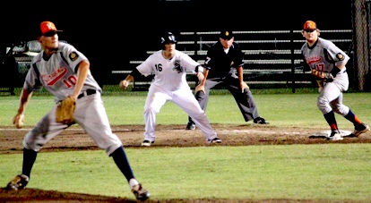 Landon Pickett leads off first as Kerwins pitcher Koda Glover delivers. (Photo courtesy of Phil Pickett)