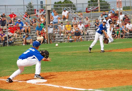 Pitcher Logan Grant throws to Nathan McFarland at first for an out during Saturday's game.