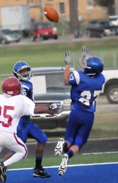 Jason Hastings (27) goes up for a pass that was ruled incomplete in the end zone. (Photo by Kevin Nagle)