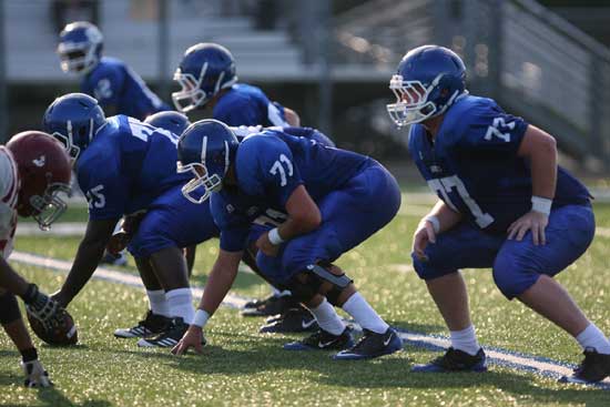 Offensive linemen, from left, Kordell Boykins (75), Blain Jackson (71) and Ian Shuttleworth (77). (Photo by Rick Nation)