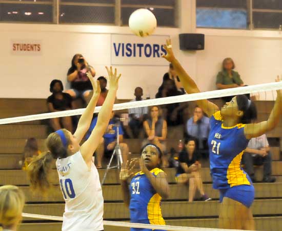 Bryant's Alyssa Anderson (10) goes up for a block. (Photo by Kevin Nagle)