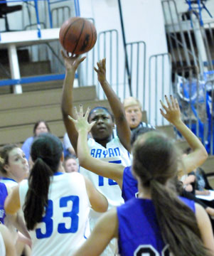 Jayla Anderson takes a shot for the Lady Hornets JV team. (Photo by Kevin Nagle)