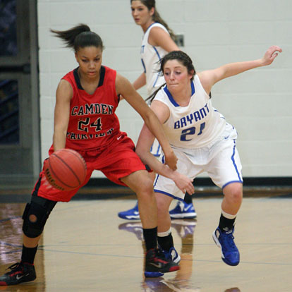 Bryant's Courtney Davidson defends against Camden Fairview's Taylor Henderson (24). (Photo by Rick Nation)