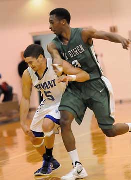 Jordan Griffin (5) fends off Deven Goodwin (3). (Photo by Kevin Nagle)