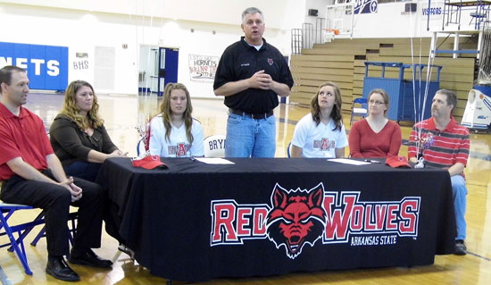 From left, Jason and Stephanie Lester, Brittney Ball, ASU coach Kinley Greenwood, Ashley Chaloner with Lori and Sam Chaloner.