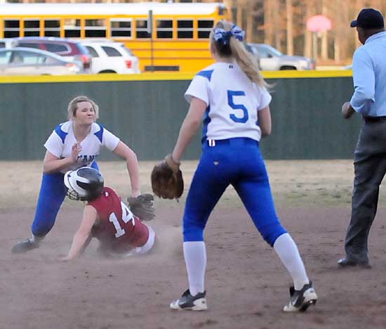 Bryant shortstop Cassidy Wilson applies the tag as Schyler Watson attempts to steal as Jenna Bruick (5) looks on. (Photo by Kevin Nagle)