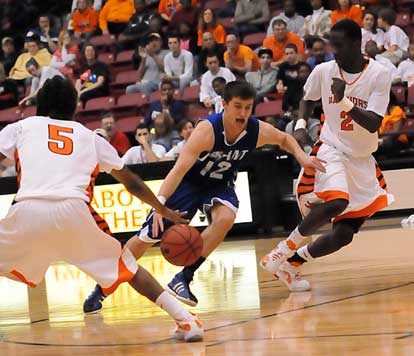 Bryant guard Brantley Cozart drives through a double-team. (Photo by Kevin Nagle)