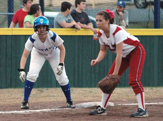 Bryant's Kayla Sory leads off third during Friday's game. (Photo by Val Nagle)