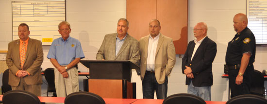 A group of Saline County leaders announced legislation they will attempt to pass in the 2013 legislative session. The bill would exempt law enforcement officers for jury service. Saline County Circuit Clerk Dennis Milligan said law enforcement office are almost never selected to serve on a jury and an exemption would stop wasting tax payer dollars. Shown above at the news conference at the Bryant Police Department are (from left to right) Bryant Police Chief Mark Kizer, Saline County Sheriff Bruce Pennington, Milligan, State Senator Jeremy Hutchinson, Shannon Hills Mayor Mike Kemp and Shannon Hills Police Chief Bob Hale.