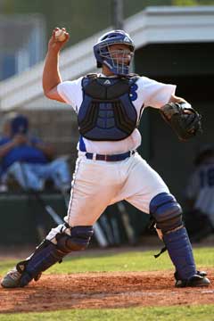 Bryant catcher Hayden Lessenberry sets to throw to second. (Photo by Rick Nation)