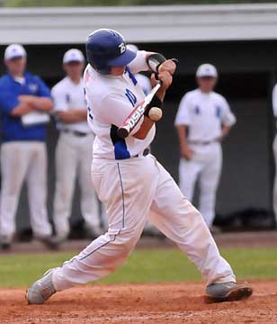 Hayden Lessenberry fights off an inside pitch. (Photo by Kevin Nagle)