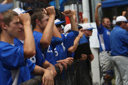 The Bryant bench players encourage their teammates on the field. (Photo by Rick Nation)