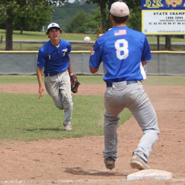 Ozzie Hurt (1) tosses to first baseman Josh Pultro. (Photo by Rick Nation)