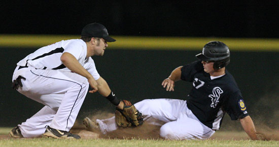 Tyler Brown slides into second as he's tagged by Benton's Ryne Besancon. He's was ruled out. (Photo by Rick Nation)