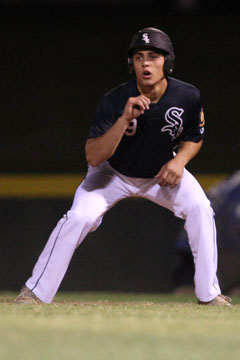 Josh Pultro leads off first. (Photo by Rick Nation)