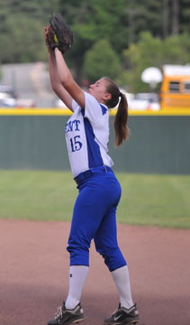 Brittney Ball hauls in a pop at second. (Photo by Kevin Nagle)