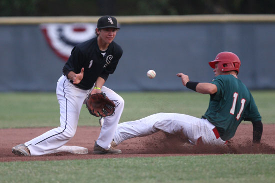 Ozzie Hurt takes a throw at second as Paragould's Hunter Flippo swipes a base in the first inning. (Photo by Rick Nation)