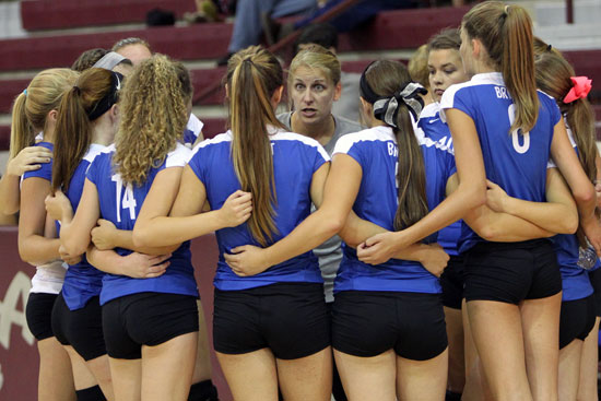 Bryant head coach Beth Solomon exhorts her team during a break in Thursday's action. (Photo by Rick Nation)