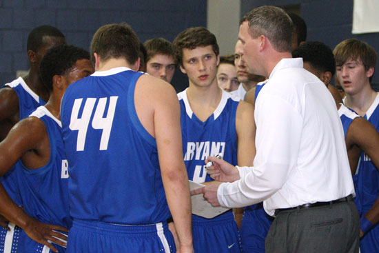 Bryant coach Mike Abrahamson instructs his team during a timeout. (Photo by Rick Nation)