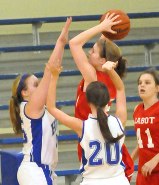 Anna Turpin and Kailey Nagle defend for Bryant. (Photo by Kevin Nagle)