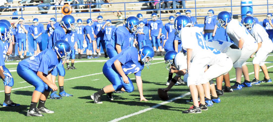 The Bryant Blue defensive line and Bryant White offensive line prepare to battle. (Photo by Kevin Nagle)