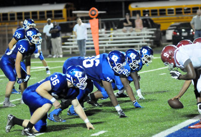 Hornets defenders Austin May (36), Cameron Murray (76), Mario Waits (90), Jaron Wade, Hunter Fugitt (33) and Jake Johnson (35). (Photo by Kevin Nagle)