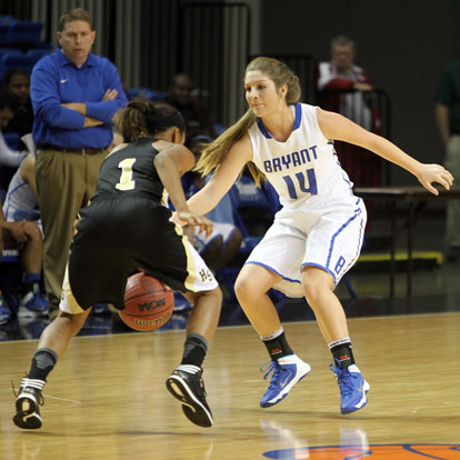 Peyton Weaver defends for Bryant. (Photo by Rick Nation)