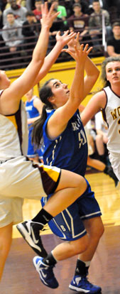 Bryant's Whitney Meyer (50) battles for a rebound. (Photo by Kevin Nagle)