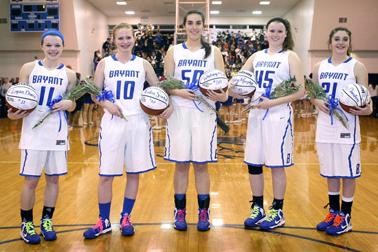 Bryant Lady Hornets seniors, from left, Logan Davis, Kristen Scarlett, Whitney Meyer, Hayley Murphy and Courtney Davidson (Photo by Rick Nation)