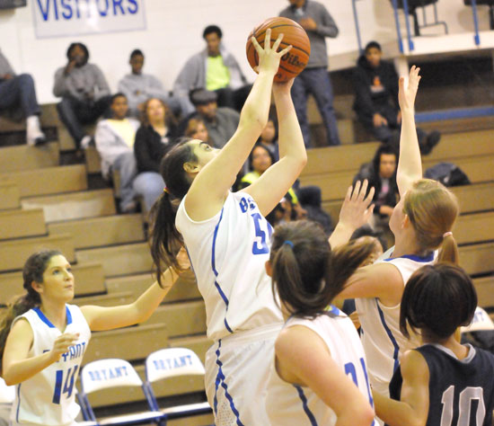 Whitney Meyer pulls down a rebound for Bryant. (Photo by Kevin Nagle)