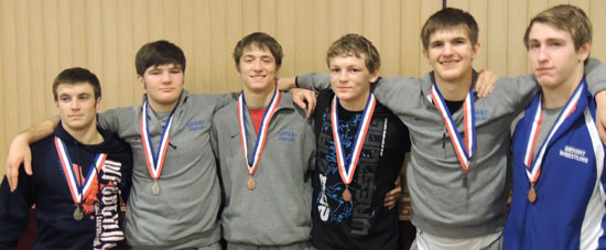 Medal winners, from left, Zach Simmons, Levi Brady, Brett Blend, Kyle Thompson, Connor Goshien and Austin May.