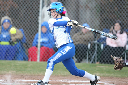 Carly Yazza puts the ball in play. (Photo by Rick Nation)