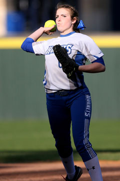 Breanna Sanders winds up for a throw to first. (PHoto by Rick Nation)