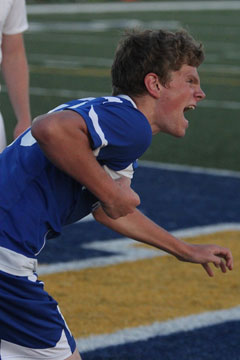 Blake Reed celebrates one of his two goals on Thursday. (Photo by Rick Nation)