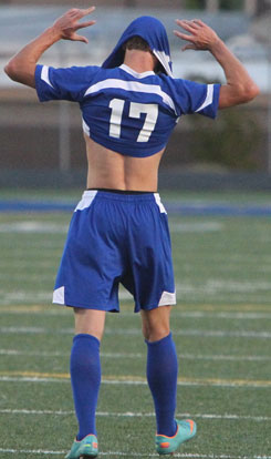 Bryant's Justin Travis shows his frustration after a Sheridan goal. (Photo by Rick Nation)