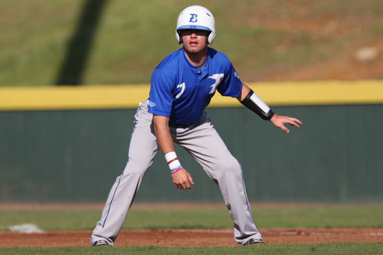 Hayden Daniel leads off first after one of his two hits. (Photo by Rick Nation)