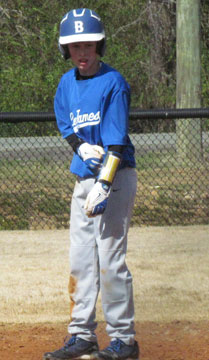 Dodgers' Hunter Ulmer dusts himself off after stealing second. (Photo courtesy of Lara James)