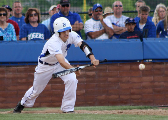 Harrison Dale gets a sacrifice bunt down during the fifth inning. (Photo courtesy of J'Ann Lessenberry)