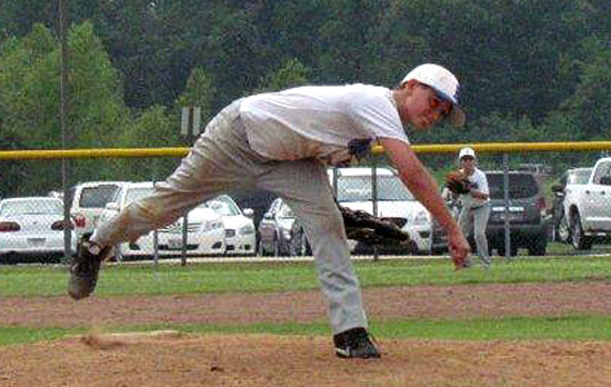 Bryant's Brayden Lester delivers a pitch. (Photo courtesy of Lee James)