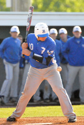 Hayden Lessenberry gets plunked by a pitch. (Photo by Kevin Nagle)