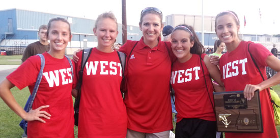 Bailey Gartrell, Kaitlin Gaiser, Bryant coach Julie Long, Lexie Ballisterri and Shelby Gartrell.