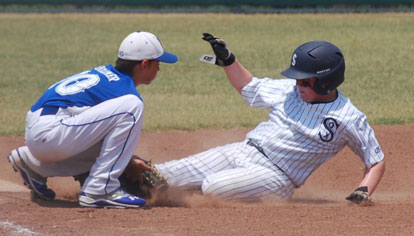 Bryant's Coby Greiner tags out a runner at third.