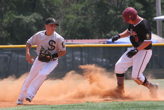 Bryant's Korey Thompson, left, starts off the field after getting a force on Texarkana's Kyle Duncan to end the first inning of Saturday's doubleheader opener. (PHoto courtesy of Curt Youngblood/Texarkana Gazette)