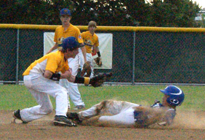 Coby Greiner slides safely into second under the shortstop's tag. (Photo courtesy of Coby Greiner)