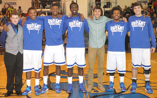 Bryant seniors, from left, manager Will Barefoot, Rickey Buchanan, Cedarrian Crosby, Greyson Giles, Austin Hammonds, C.J. Rainey and Caleb Strain. (Photo by Rick Nation)