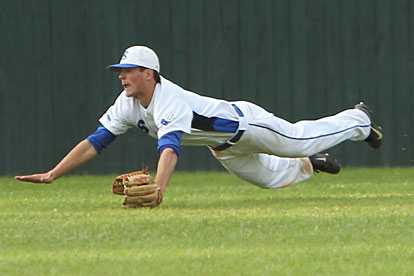 Bryant centerfielder Chase Tucker's dive for a sinking liner to center came up just short of a clean catch. (Photo by Rick Nation)